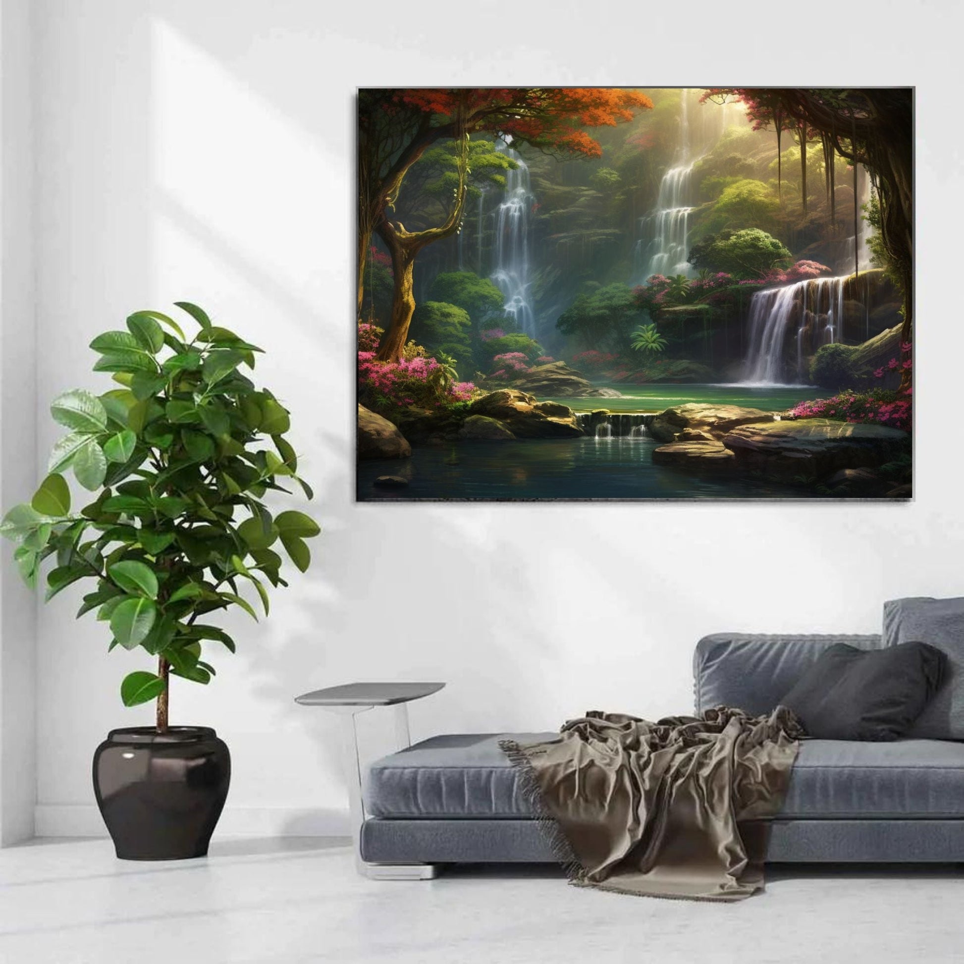 "VERDANT HAVEN: THE WATERFALL'S EMBRACE"